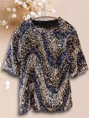 Maeve Black & Gold Chevron Sequin Short Sleeve Top